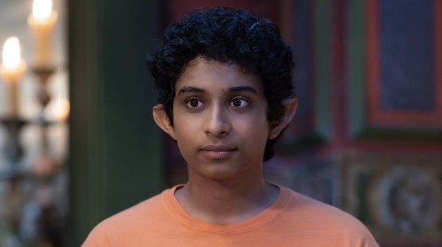 alt="Aryan Simhadri as Grover Underwood in Season 1 of Percy Jackson and the Olympians (Disney/Davis Bukach)"