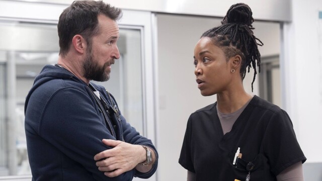 alt="The Pitt image of Noah Wyle and Ayesha Harris"