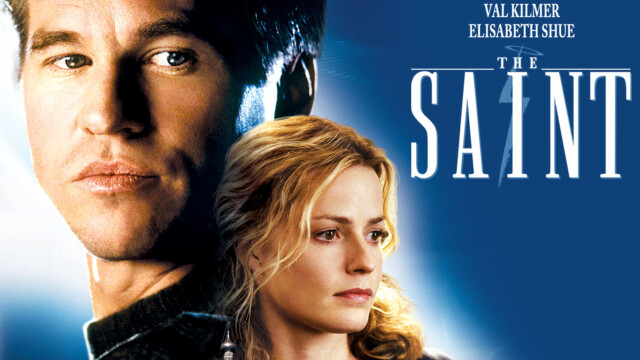 alt="Val Kilmer and Elisabeth Shue side by side on the movie poster for The Saint, 1997 action thriller"