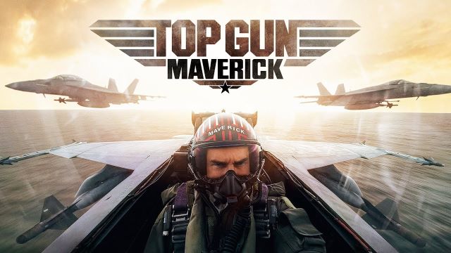 alt="Pilot in fighter jet cockpit flying over ocean at sunset with Top Gun: Maverick title above"