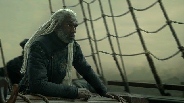 Lord Corlys Velaryon aboard a ship during the Targaryen civil war in House of the Dragon Season 3.